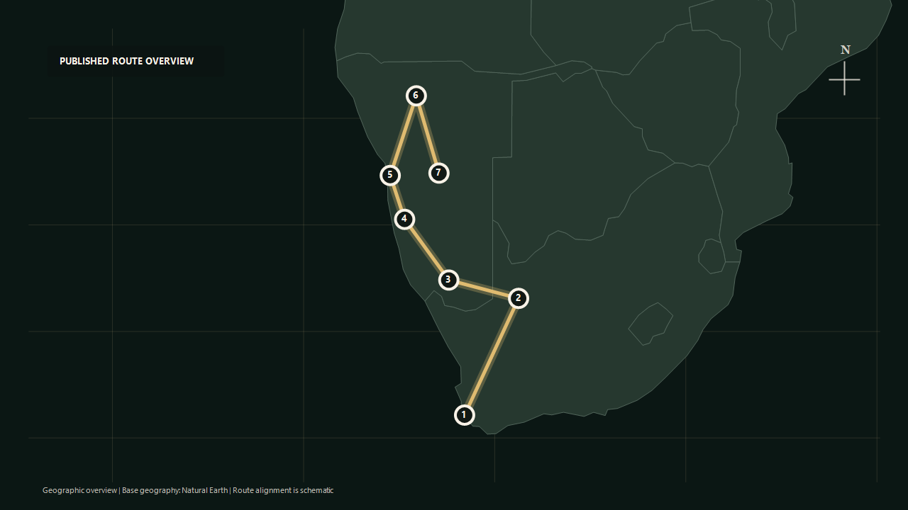 Geographic overview of the published Jewel of the Desert: Cape Town to Namibia route: Cape Town to Upington to Fish River Canyon to Sossusvlei to Swakopmund to Etosha National Park to Windhoek