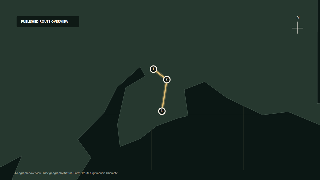 Schematic geographic route overview for Alaska Railroad Coastal Classic: Anchorage to Girdwood to Seward