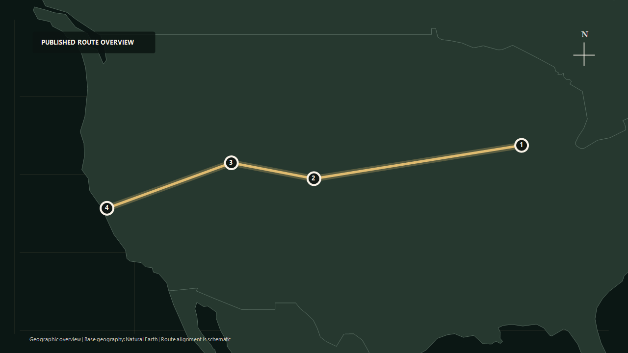 Schematic geographic route overview for Amtrak California Zephyr: Chicago to Denver to Salt Lake City to Emeryville