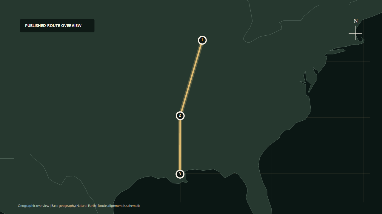 Schematic geographic route overview for Amtrak City of New Orleans: Chicago to Memphis to New Orleans