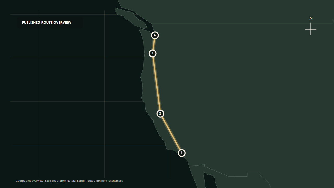 Schematic geographic route overview for Amtrak Coast Starlight: Los Angeles to Sacramento to Portland to Seattle