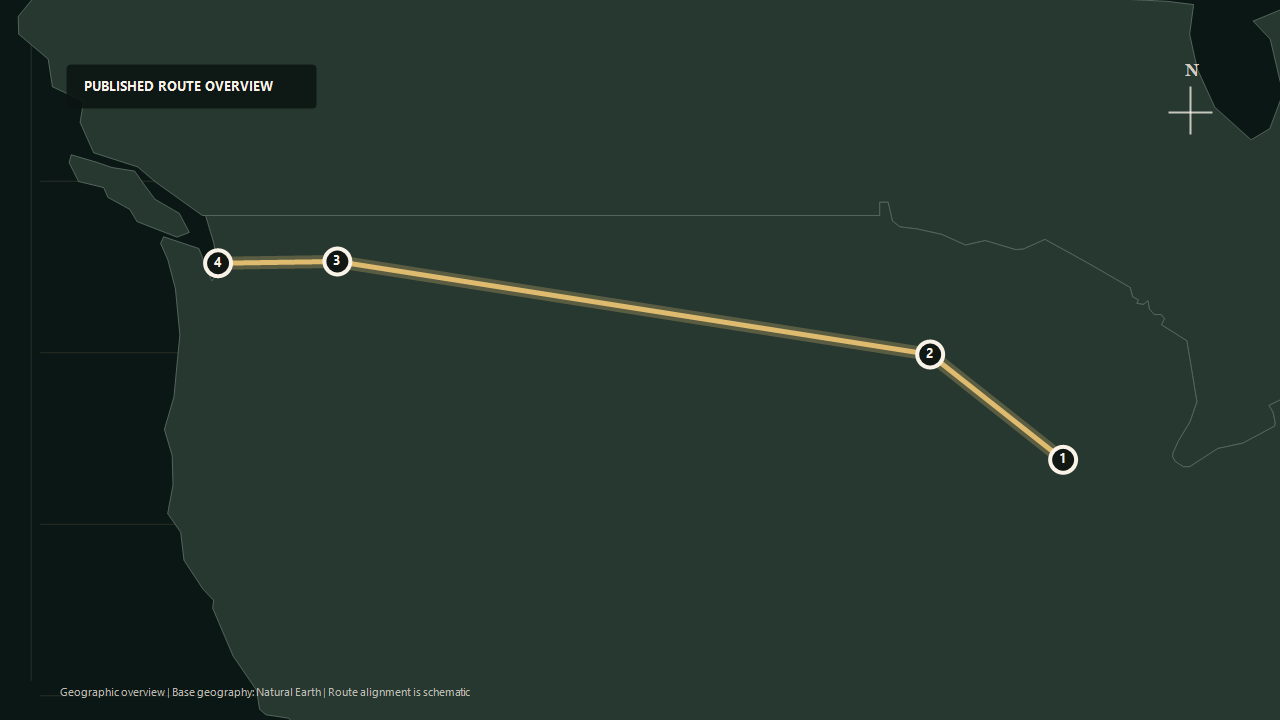 Schematic geographic route overview for Amtrak Empire Builder: Chicago to St. Paul to Spokane to Seattle