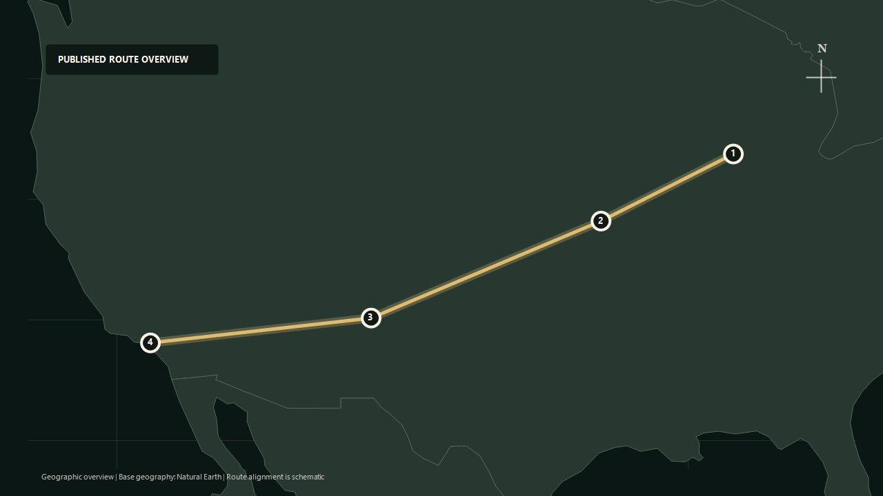 Schematic geographic route overview for Amtrak Southwest Chief: Chicago to Kansas City to Albuquerque to Los Angeles