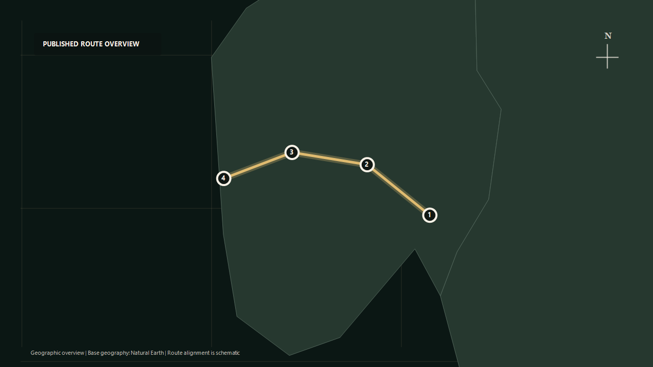 Schematic geographic route overview for Bergen Railway: Oslo to Nesbyen to Myrdal to Bergen