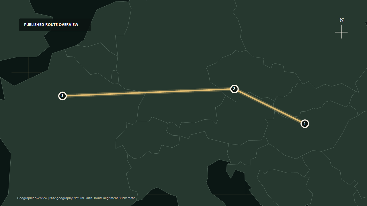 Geographic overview of the published Budapest to Paris route: Budapest to Central Europe to Paris