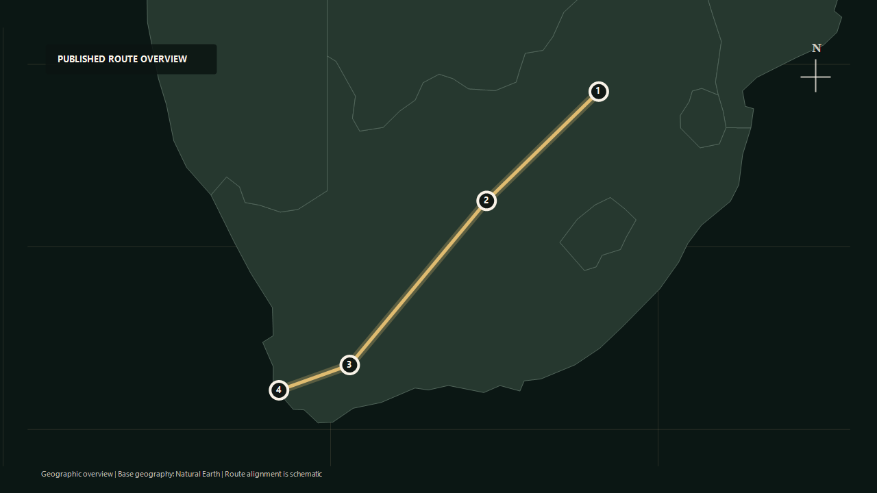 Geographic overview of the published Cape Town Journey route: Pretoria to Kimberley to Matjiesfontein to Cape Town