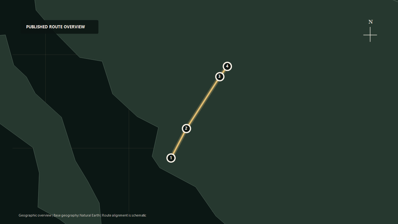 Schematic geographic route overview for Chepe Express: Los Mochis to El Fuerte to Divisadero to Creel