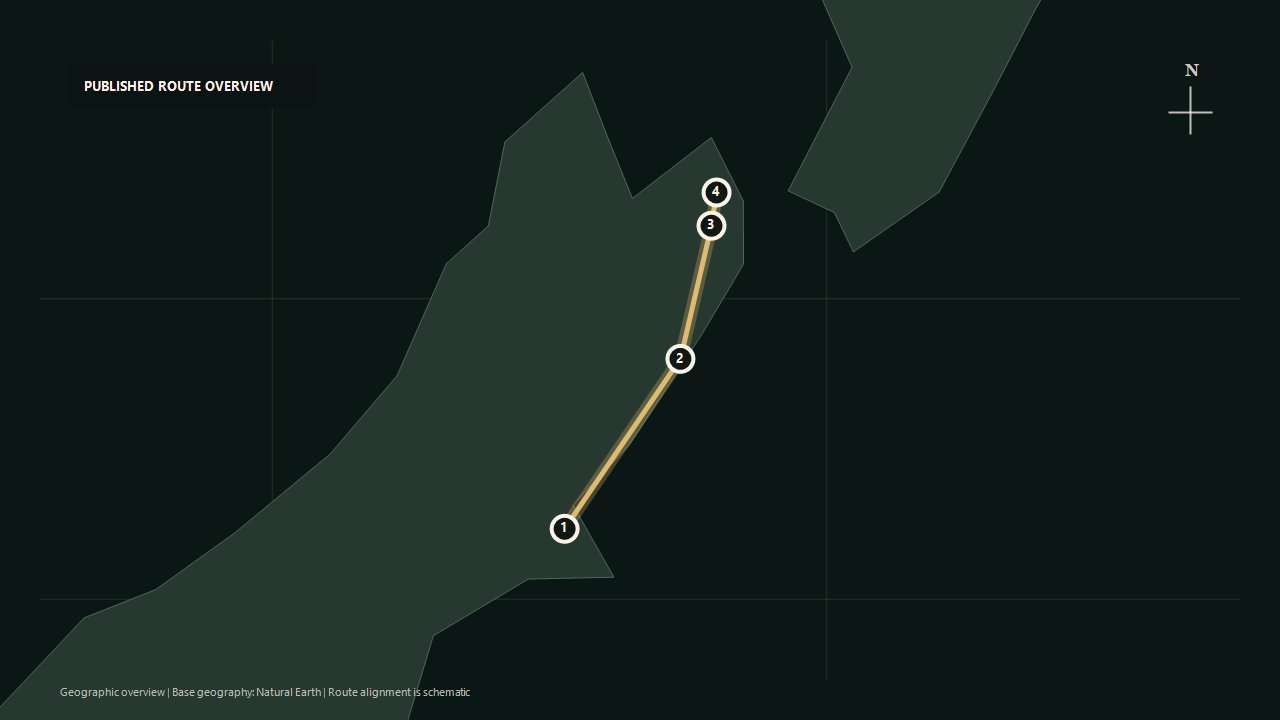 Geographic overview of the published Coastal Pacific: Christchurch to Picton route: Christchurch to Kaikōura to Blenheim to Picton