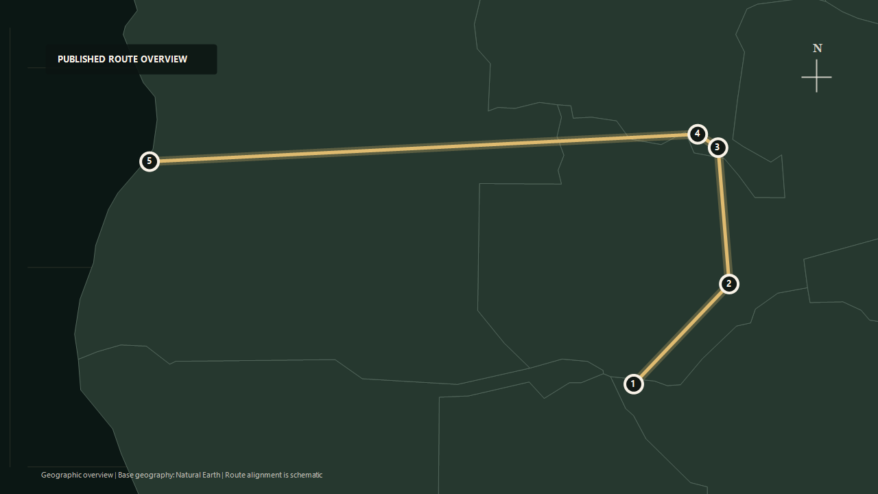 Geographic overview of the published Copper Trail route: Victoria Falls to Lusaka to Copperbelt to Lubumbashi to Lobito