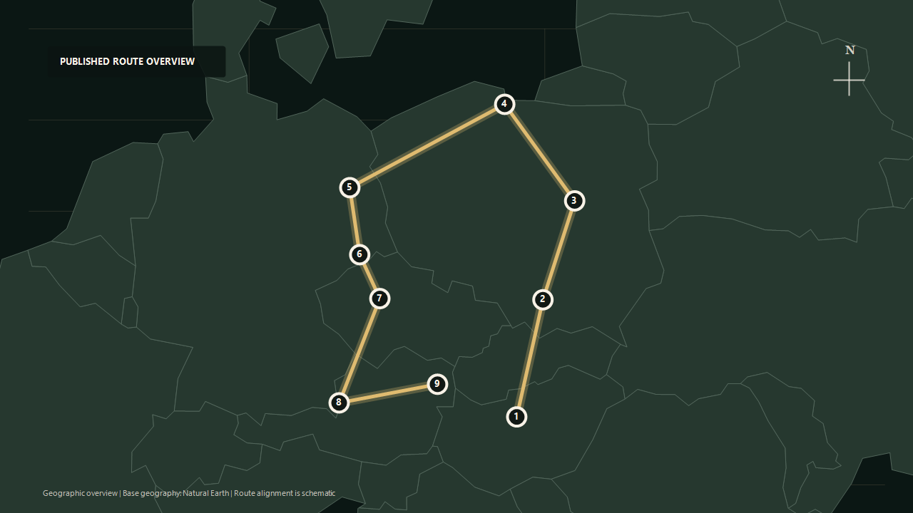Geographic overview of the published Eastern Europe Discovery route: Budapest to Krakow to Warsaw to Gdansk to Berlin to Dresden to Prague to Salzburg to Vienna