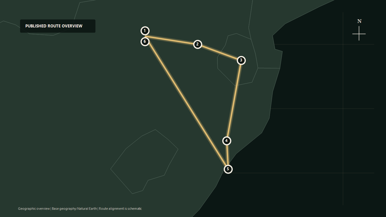 Geographic overview of the published Golf Safari route: Pretoria to Mpumalanga to Eswatini to KwaZulu-Natal to Durban to Pretoria