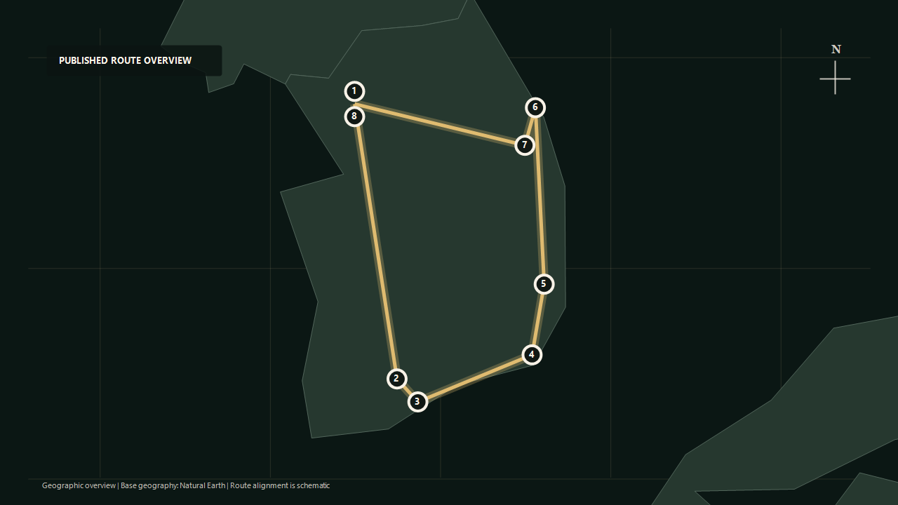 Geographic overview of the published Haerang Nationwide Tour route: Seoul to Suncheon to Yeosu to Busan to Gyeongju to Donghae to Taebaek to Seoul