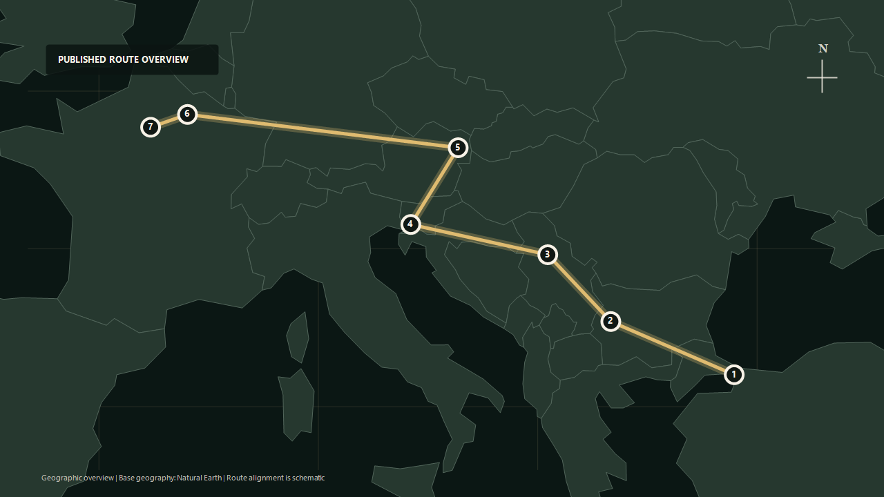 Geographic overview of the published Istanbul to Paris route: Istanbul to Sofia to Belgrade to Postojna to Vienna to Champagne to Paris