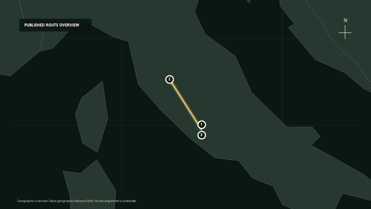 Geographic overview of the published Tastes of Tuscan Vineyards route: Rome to Montalcino to Rome