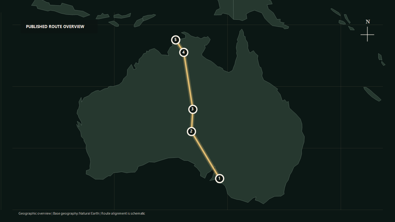 Geographic overview of the published The Legendary Ghan: Adelaide to Darwin route: Adelaide to Marla to Alice Springs to Katherine to Darwin