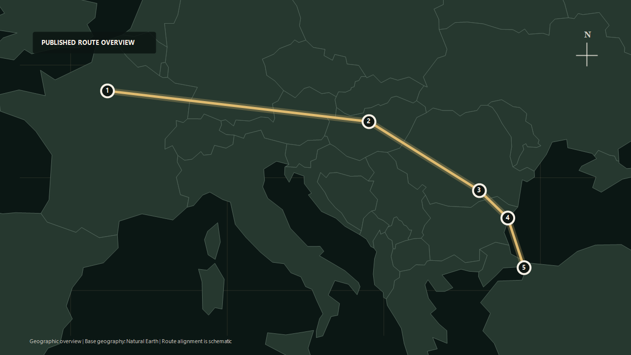 Geographic overview of the published Paris to Istanbul: The Historic Continental Journey route: Paris to Budapest to Bucharest to Varna to Istanbul