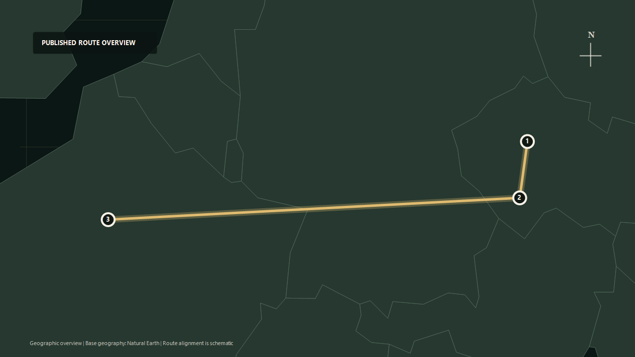 Geographic overview of the published Prague to Paris route: Prague to Central Europe to Paris