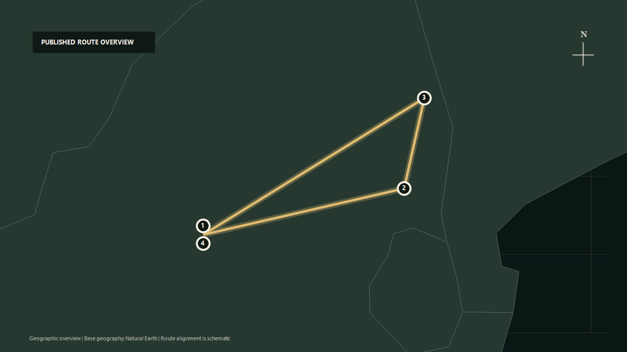 Geographic overview of the published Pretoria–Kruger–Pretoria Safari Journey route: Pretoria to Numbi to Kruger region to Pretoria