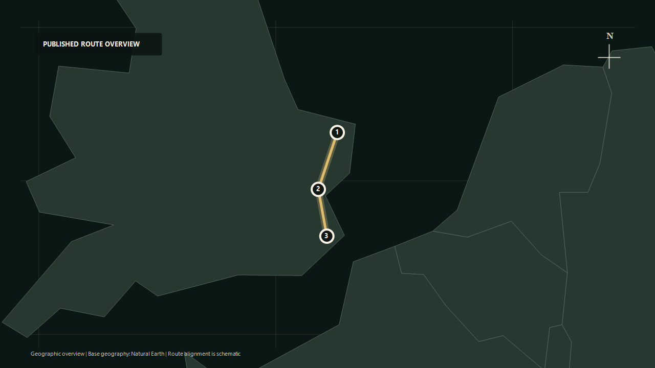 Schematic geographic route overview for Saphos Trains: Norwich to Colchester to Canterbury