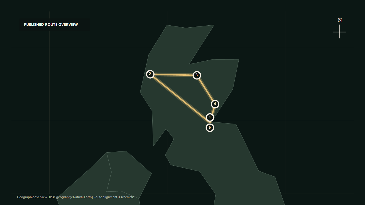 Geographic overview of the published Scotland’s Classic Splendours route: Edinburgh to Kyle of Lochalsh to Boat of Garten to Dundee to Edinburgh