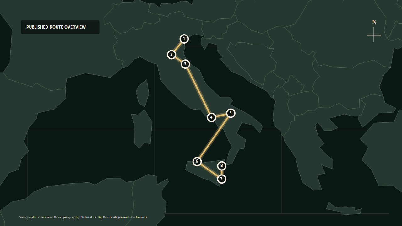 Geographic overview of the published Sicilian Odyssey route: Venice to Bologna to San Marino to Pompeii to Puglia to Palermo to Syracuse to Taormina