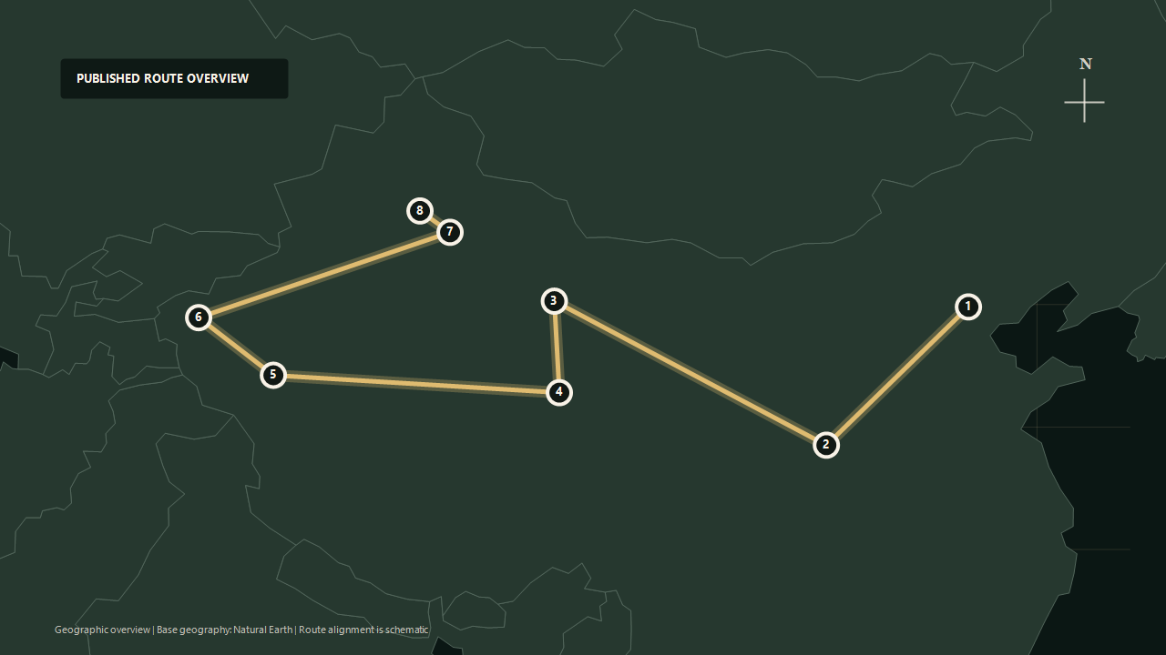 Geographic overview of the published Ancient China by Private Train route: Beijing to Xi'an to Dunhuang to Golmud to Hotan to Kashgar to Turpan to Urumqi