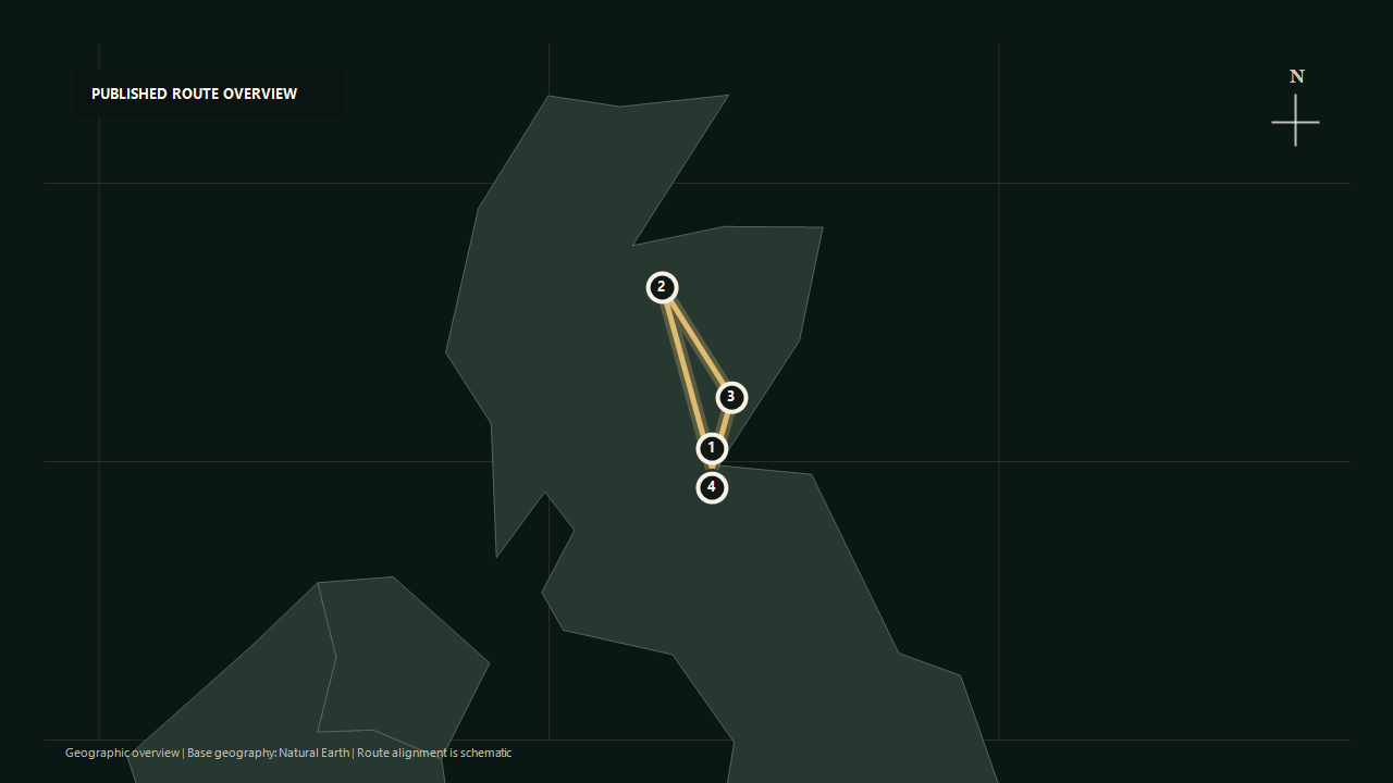 Geographic overview of the published Taste of the Highlands route: Edinburgh to Boat of Garten to Dundee to Edinburgh