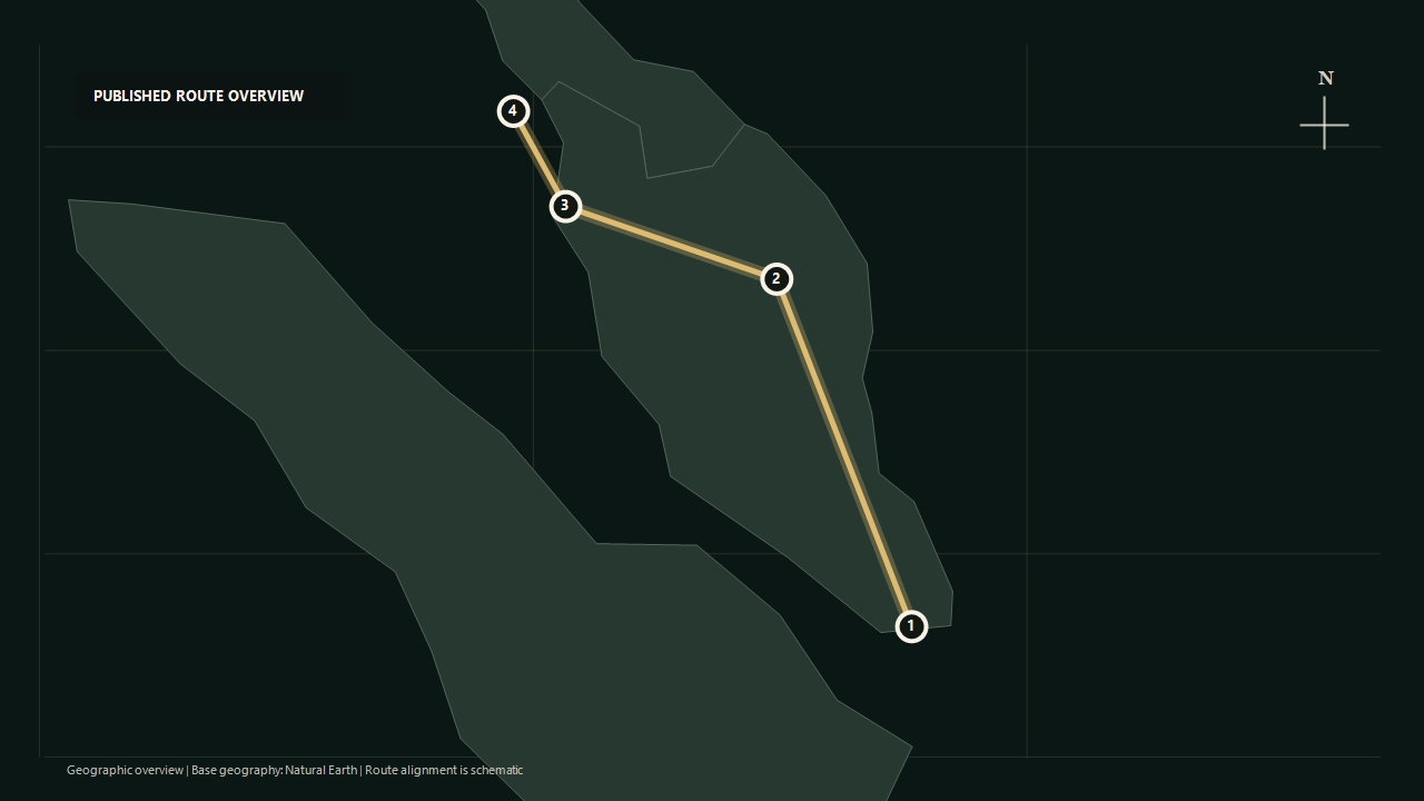 Geographic overview of the published Tiger Express route: Singapore to Taman Negara region to Penang to Langkawi