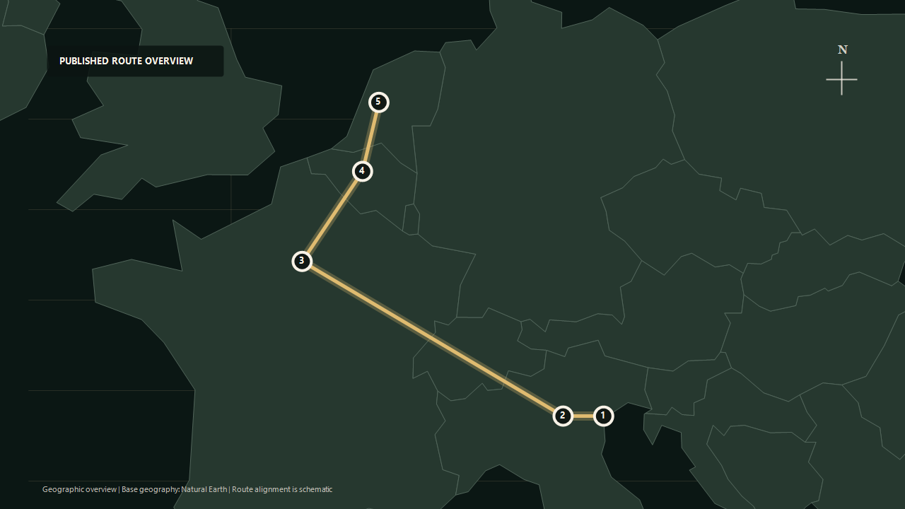 Geographic overview of the published Venice to Amsterdam route: Venice to Verona to Paris to Brussels to Amsterdam
