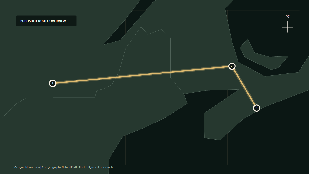 Geographic overview of the published Montréal to Halifax on the Ocean route: Montréal to Moncton to Halifax