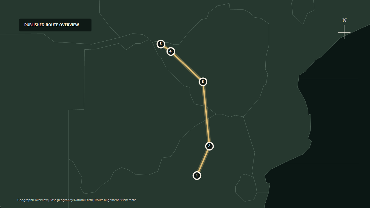 Geographic overview of the published Victoria Falls Journey route: Pretoria to Limpopo to Bulawayo region to Hwange to Victoria Falls