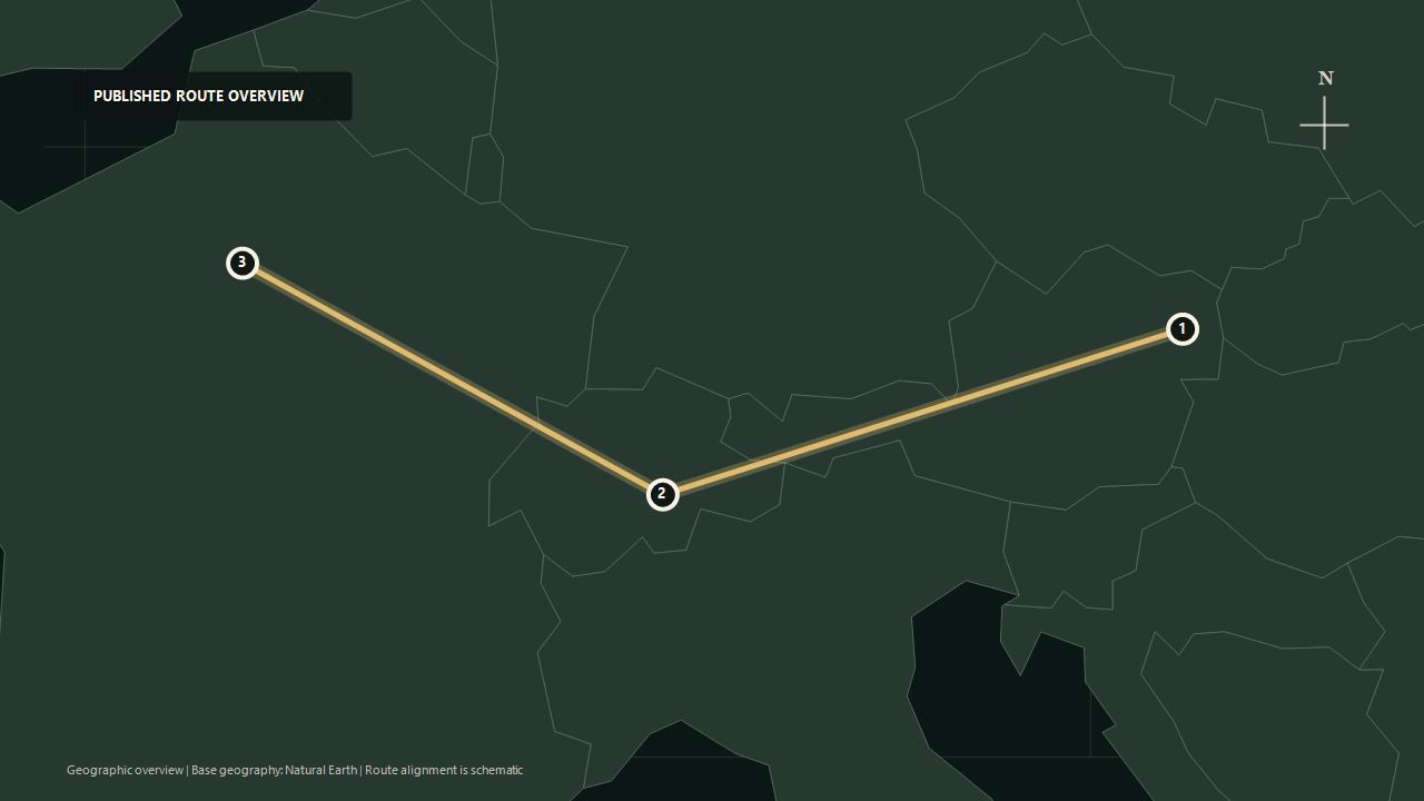 Geographic overview of the published Vienna to Paris route: Vienna to The Alps to Paris