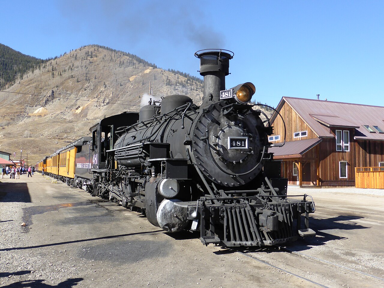 Durango and Silverton steam locomotive with yellow passenger cars at Silverton
